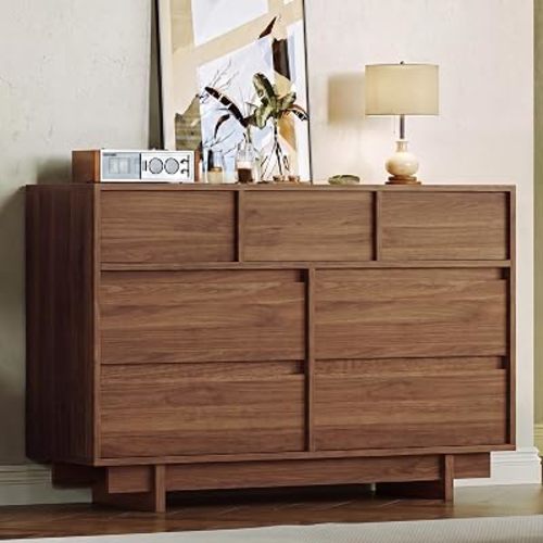 HOUROM Walnut Dresser for Bedroom, 51in Modern 7 Drawer Chest of Drawers