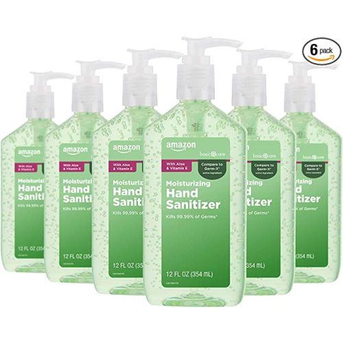 Amazon Basic Care Hand Sanitizer with Aloe Vera, 62% Ethyl Alcohol, Vitamin E Enriched, 12 fl oz, Pack of 6
