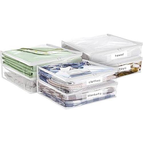 Plastic Storage Bags with Easy-Glide Zipper, Pack of 6, Durable Clear Vinyl Zippered Storage Bags for Clothes Sweaters Comforters Blankets Sheets Bedding (10.5 x 10.5 x 2.5 Inch, Transparent White)