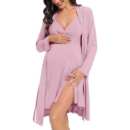 DIKFA Womens Maternity Set 2PCS Nursing Nightgown for Breastfeeding 3 in 1 Labor Delivery Nursing Dress Birthing Bathrobe Set