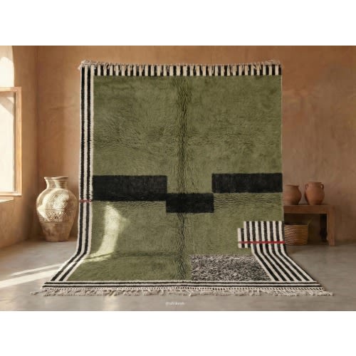 GREEN HANDMADE RUG, Moroccan Living Room Rug, Beni Ourain Berber Carpet, Modern Striped Design, Personalized Organic Wool Rug.