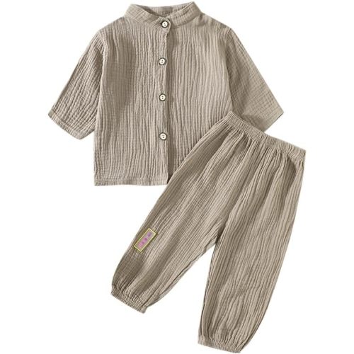 Baby Boys Girls 2Pcs Linen Clothes Set Button-down Long Tops+Elastic Cotton Gauze Long Pants