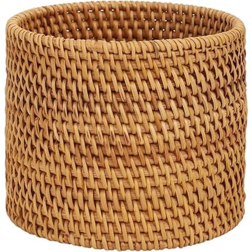 OMISTAR Rattan Trash Can Hand-Woven, Small Waste Basket with Open Top, Rustic Brown Cylindrical Shape, Lightweight Trash Basket for Bathroom, Bedroom, Office, 6.7 x 5.5 x 6.7 in