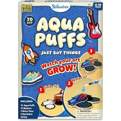 Skillmatics 3D Art Kit – Aqua Puffs Just Boy Things, Mess-Free Paint by Number Craft for Kids, DIY Color & Inflate Activity, Travel Toys & Creative Gift for Boys Ages 4, 5, 6, 7, 8, 9, 10