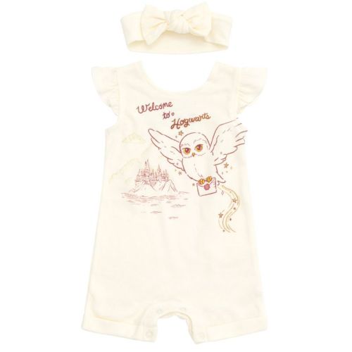Harry Potter Hedwig Owl Newborn Baby Girls French Terry Romper and Headband White 3-6 Months