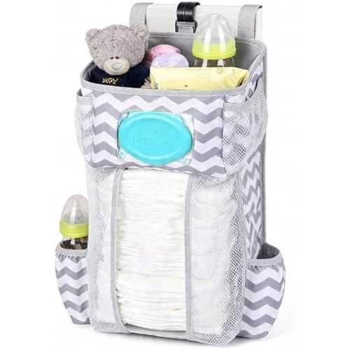 Hanging Diaper Caddy Organizer for Crib, Baby Diaper Holder with 3 Compartments, Water-Resistant Nursery Storage Bag for Changing Table, Playard, Wall, Ripple Grey