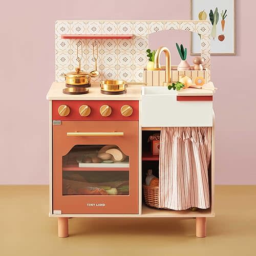 Tiny Land Play Kitchen, Kids Kitchen Playset, Toddler Kitchen with Cutting Food Set, Wooden Kitchen Sets for Kids, Best Gift for Girls and Boys