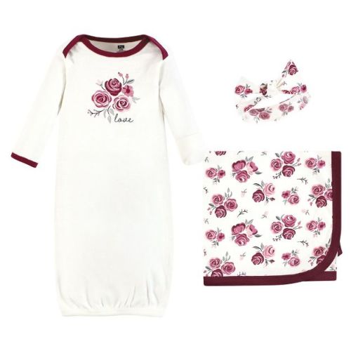 Hudson Baby Infant Girl Gown, Swaddle Blanket and Cap or Headband, Rose, 0-6 Months