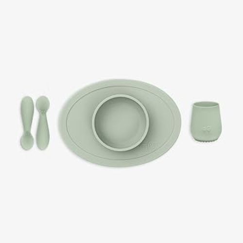ezpz First Foods Set for Babies – Suctioning Bowl, Cup, & Spoons for Self-Feeding & Fine Motor Skills Development – 100% Food Grade Silicone, Dishwasher Safe – Perfect for 4 Months Plus (Sage)