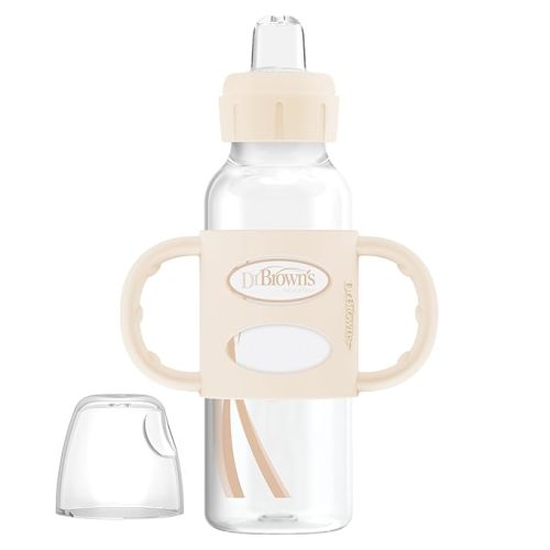 Dr. Brown's Milestones Narrow Sippy Spout Bottle with 100% Silicone, Easy-Grip Handles and Soft Sippy Spout, 8oz/250mL, Ecru, 1-Pack, 6m+