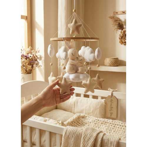 Handmade Felt Bunny Crib Mobile with Clouds and Stars Decor
