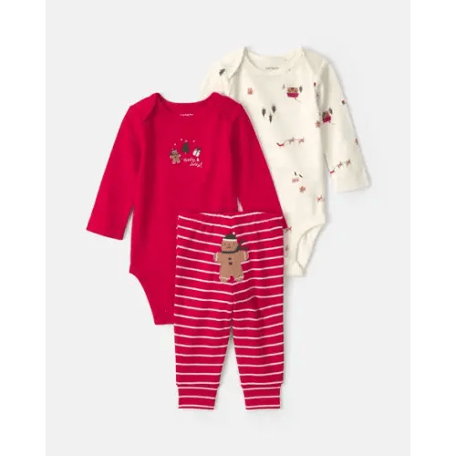Baby Boy 3-Piece Gingerbread Long-Sleeve Bodysuit & Pant Set - Red/Cream | Carter's