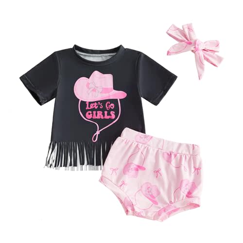 Fernvia Western Toddler Baby Girl Clothes Letter Short Sleeve T-Shirt Top + Tassel Shorts Outfits + Headband 3Pcs Set