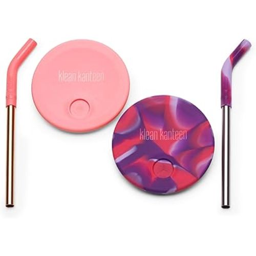 Klean Kanteen Kid's Cup Straw Lid 2-Pack - Food-Grade Silicone Cup Lids with Reusable Drinking Straws - Pink Tie Dye (Pack of 2)