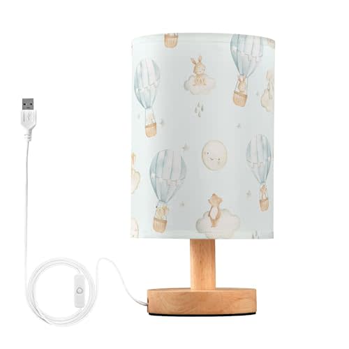 Table Lamp Watercolor Hot Air Balloon Elephant Rabbit Bear Mouse Moon Star Nightstand Lamp with Wood Base Fabric Lamp Shade Bedside Desk Lamp for Living Room Bedroom Kids Room Office