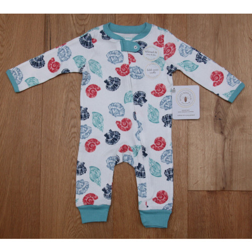 Burts Bees Baby Boy Organic Coverall ~ White, Blue & Red ~ Sea Shells ~ 0-3M