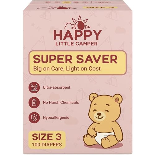 Happy Little Camper Super Saver Diapers, Size 3, 100 Count | Budget-Friendly Disposable Baby Diapers for Sensitive Skin | Hypoallergenic, Fragrance-Free, Ultra Absorbent