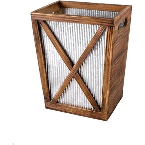 Small Wood Trash Can Wastebasket, Decorative Barn Door Garbage Can Waste Basket, Rustic Distressed Rectangular Trash Bin, Farmhouse Wooden Storage Basket Waste Paper Bin (Brown)