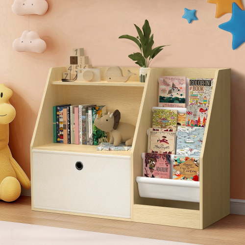 Masiis 3 Tier Bookshelf,Bookcase Youngster Bookshelves Natural Toy Storage Organizer with 4 Layer Sling Bookcase for Playroom Room, Pull-Out Drawers