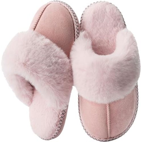 Fuzzy Slippers for Women with Memory Foam Warm Winter Faux Fur Slippers House Shoes Indoor Outdoor Gifts for Women Mom Suede Anti-Skid