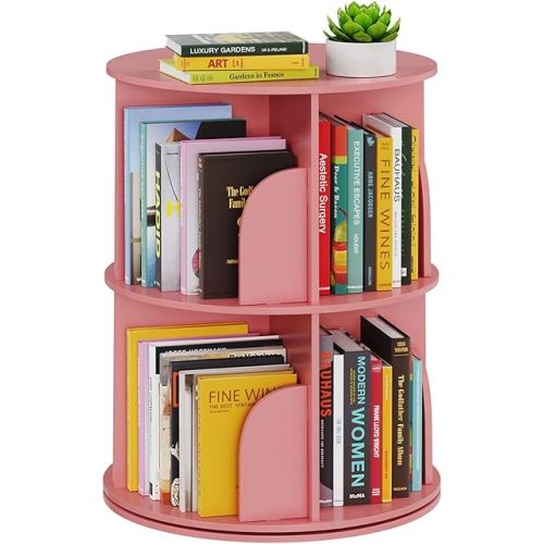 SpaceAid 2 Tier Rotating Bookshelf Tower, Spinning Bookcase Lazy Susan, Revolving 360 Book Shelf Storage Round Carousel, Vertical Rotate Turning Spiral Corner Organizer, Pink