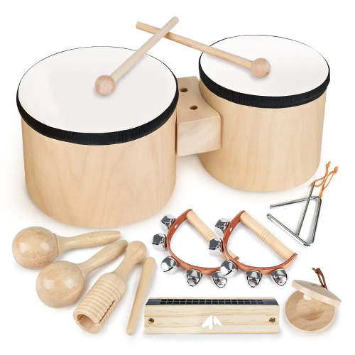 Premium Wooden Kids Drum Set – Montessori Musical Toys for Toddlers Aged 2-6, Birthday Gifts for Boys & Girls, Includes Bongo, Maracas, Tambourine & Triangle – Joyreal