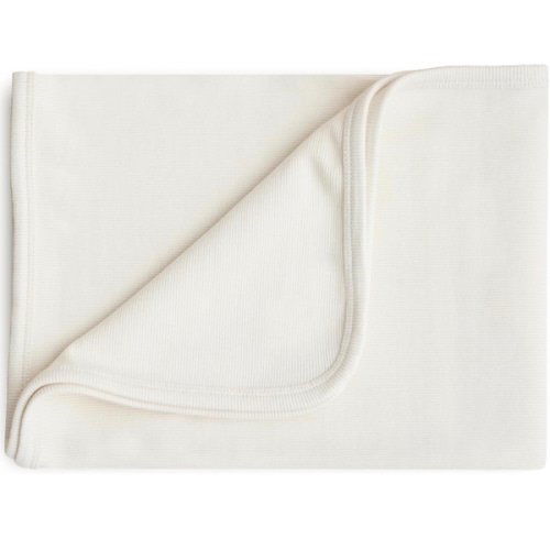 mushie Extra Soft Baby Blanket | Cotton and Elastane Ribbed Receiving Blanket, Swaddle, Stroller | 35x35 Inch (Ivory)