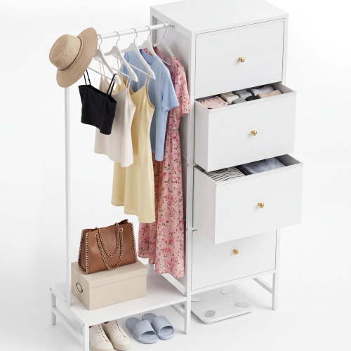 Dresser with Hanging Rack, 4 Drawers Small Closet for Bedroom, Reversible Fabric Kids Chest of Drawers with Clothes Rack, Tall Storage Tower, Sturdy Frame