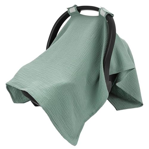 SERAPHY 100% Muslin Cotton Car Seat Cover Baby, Universal Carseat Covers, Breathable Baby Car Seat Canopy for Boys Girls, Soft Infant Car Seat Cover for Summer —Green