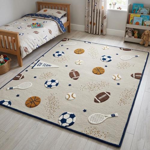 Kids Sports Theme Rug – Playroom Carpet with Football, Basketball, Soccer (Non-Slip)