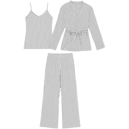 Tanming Womens Pjs Sets 3 Piece Lounge Sets Striped Wrap Top Camisole Wide Leg Pants Cute Soft Pajama Set