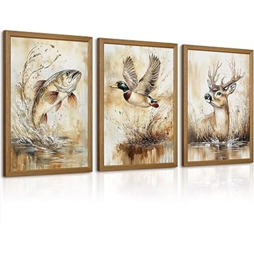 Vintage Animal Wall Art Baby Boy Room Canvas Wall Decor Farmhouse Animal Posters Kids Nursery Hunting Art Prints Rustic Deer Fish Pictures Mallard Duck Painting for Bedroom 12x16x3 Inch Framed