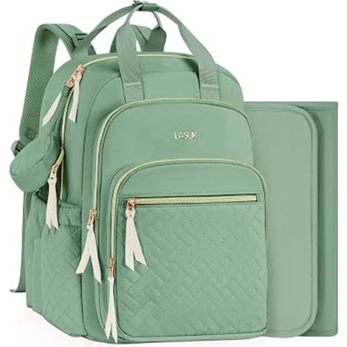 Diaper Bag Backpack, 27L Large Quilted Small Baby Bag with Changing Pad & Pacifier Case, Stroller Hooks, Easy-Access Baby Essential, Maternity Travel Backpack Unisex, Green