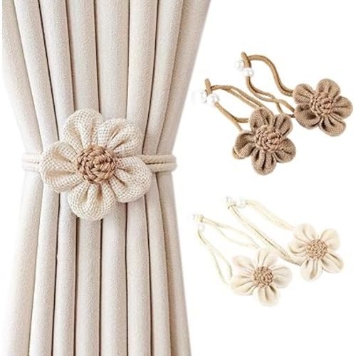 SRG 4pcs Handmade Pearl Curtain Tiebacks Boho Flower Curtain Holdbacks with Buckle Pins Simple Elegant Sunflower Rope Curtain Boho Bedroom Decor（Large Cream&Khaki）