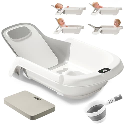 Reclining Baby Bathtub for Newborn, Angle Adjustable Baby Tub for Infant to Toddler, Bath Support in Tub, Thermometer & Bath Kneeler Rest Pad & Clean Rinse Cup, 6-36 Months-Gray