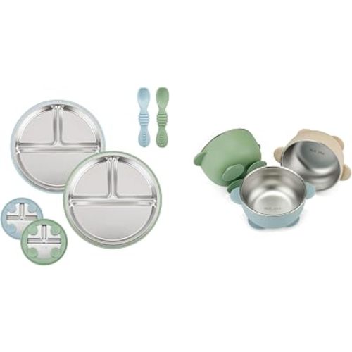 PandaEar 2 Pack Stainless Steel Baby Plates & 2 Pack Spoons ＆ 3 Pack Bowls