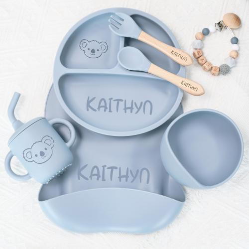 Personalized Silicone Baby Weaning Set/ Baby Feeding Set/ Baby Plate Set with Name/ Baby Shower Gifts/ Engraved Silicone Bib for Toddler