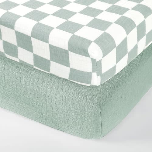 DILIMI Muslin Crib Sheets for Baby Boys and Girls, 2 Packs Ultra-Soft Breathable Baby Crib Sheet for Standard Crib and Toddler Mattress, Green and Checkered