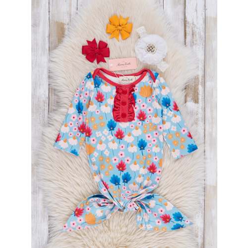 Red & Blue Little Daisies Ruffle Knot Gown