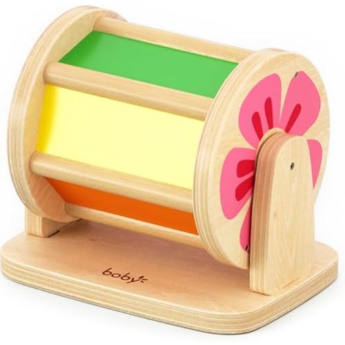 Dailyfunn Montessori Toys Wooden Spinning Drum Tummy Time Floor Mirror Toy for Babies Toddlers 1-3 Years Old