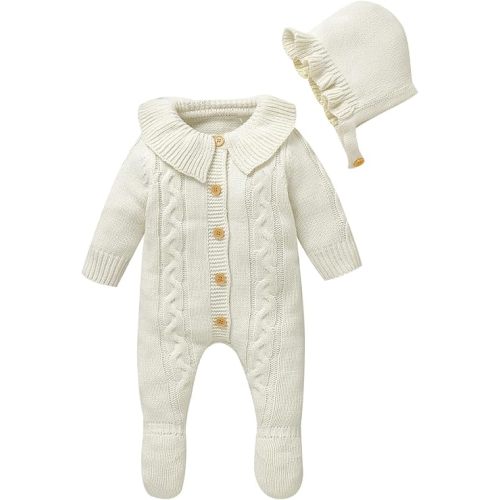 Hadetoto Newborn Baby Sweater Romper Knit Outfits Long Sleeve Jumpsuit with Warm Hat for Infant Boy Girl