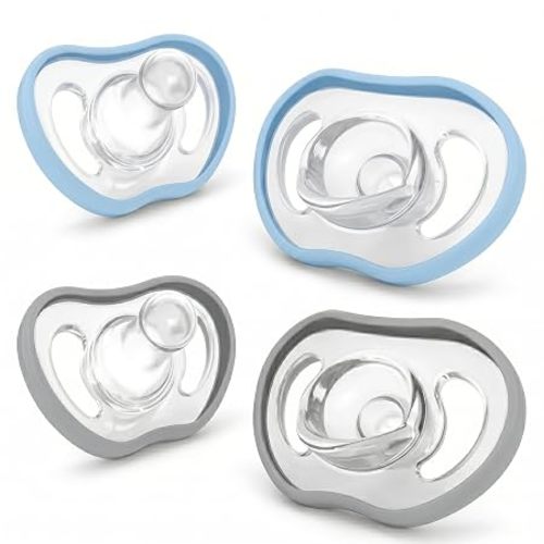 Nanobébé Active Baby Pacifiers (4-36 Months) – Ergonomic Vented Design for Airflow – Lightweight One-Piece Silicone Soother – 4-Pack, Sky & Cool Grey