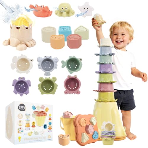 Stacking Toy for Toddler 1-3, 4 in 1 Montessori Sensory Toys, Shape Sorter for Sand Bath Play, Infant Learning Color Sorting Toy for Fine Motor Skills, Birthday Gift for Baby Boys Girls 1 2 3