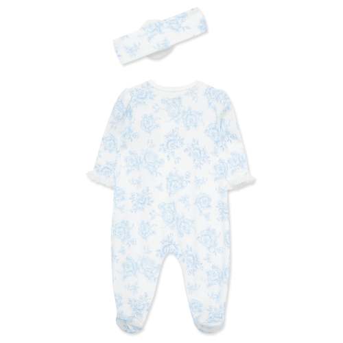 Blue Roses 2-Way-Zip Footed One-Piece And Headband