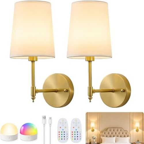Vitnucrol Battery Operated Wall Sconces Set of 2, Fabric Lampshape, Gold