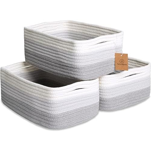 NaturalCozy 11.8"x8"x4.5” Rectangle Storage Baskets for Shelves 3 Pack | Cotton Rope Woven Small Baskets for Organizing | Small Storage Bins for Nursery, Bathroom, Closet, Shelf, Decorative, Gift