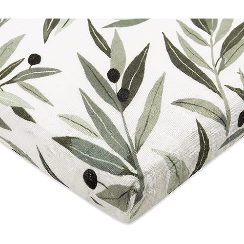 Babyletto 100% Organic Cotton All-Stages Midi Crib Sheet, GOTS-Certified, Fitted 360°, Ultra-Soft and Breathable Muslin - Olive Branches