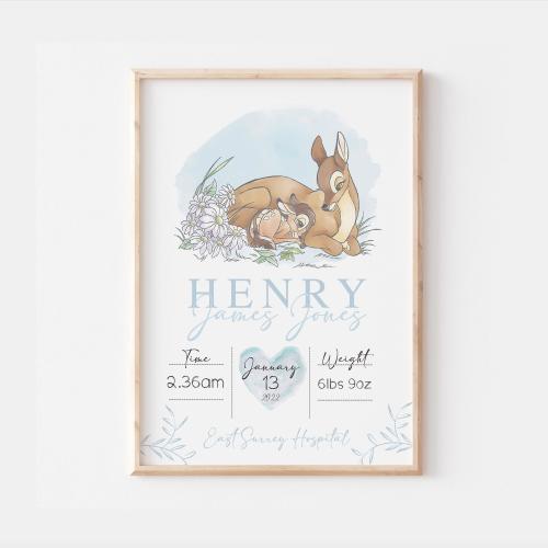 Personalised Day You Were Born Bambi And Mum Disney Birth Print, Bambi Baby Nursery Decor, Bambi And Mum Wall Art, Bambi New Born Baby Gifts