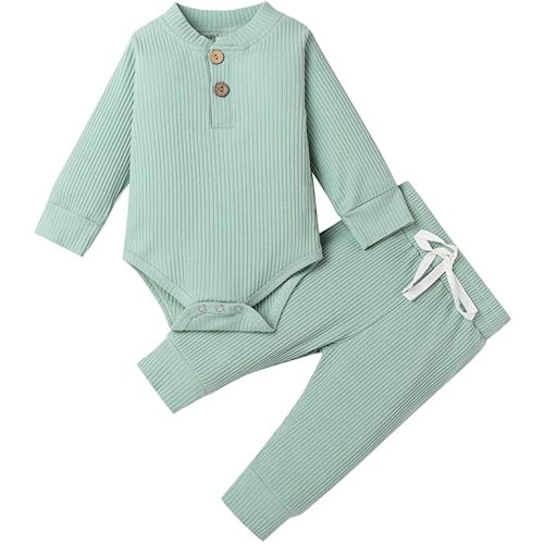 Newborn Baby Boy Girl Clothes Ribbed Knitted Cotton Long Sleeve Romper Long Pants Solid Color Fall Winter Outfits