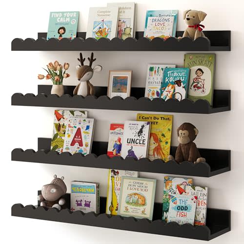 Shario Nursery Book Shelves, 4-Pack Wood Floating Shelves for Wall Kids, Scalloped Shelves, Wall Book Shelves for Bedroom Kids, Toddler Room, Baby Room, Nursery Decor (Black, 23 Inches)